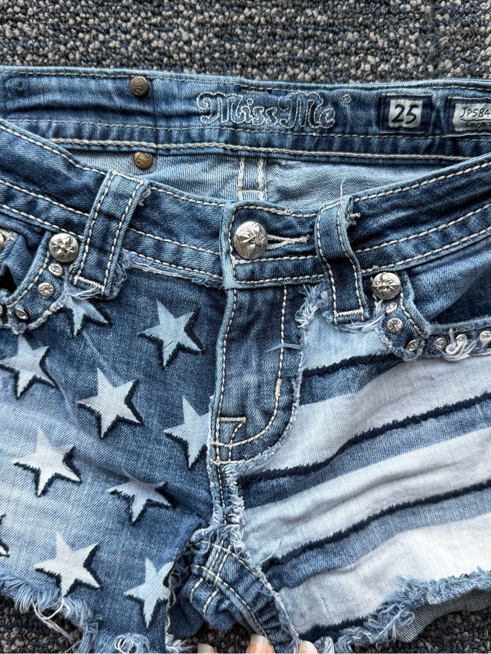 Miss Me Blue Distressed Flag Denim Jean Shorts - Picture 3 of 7